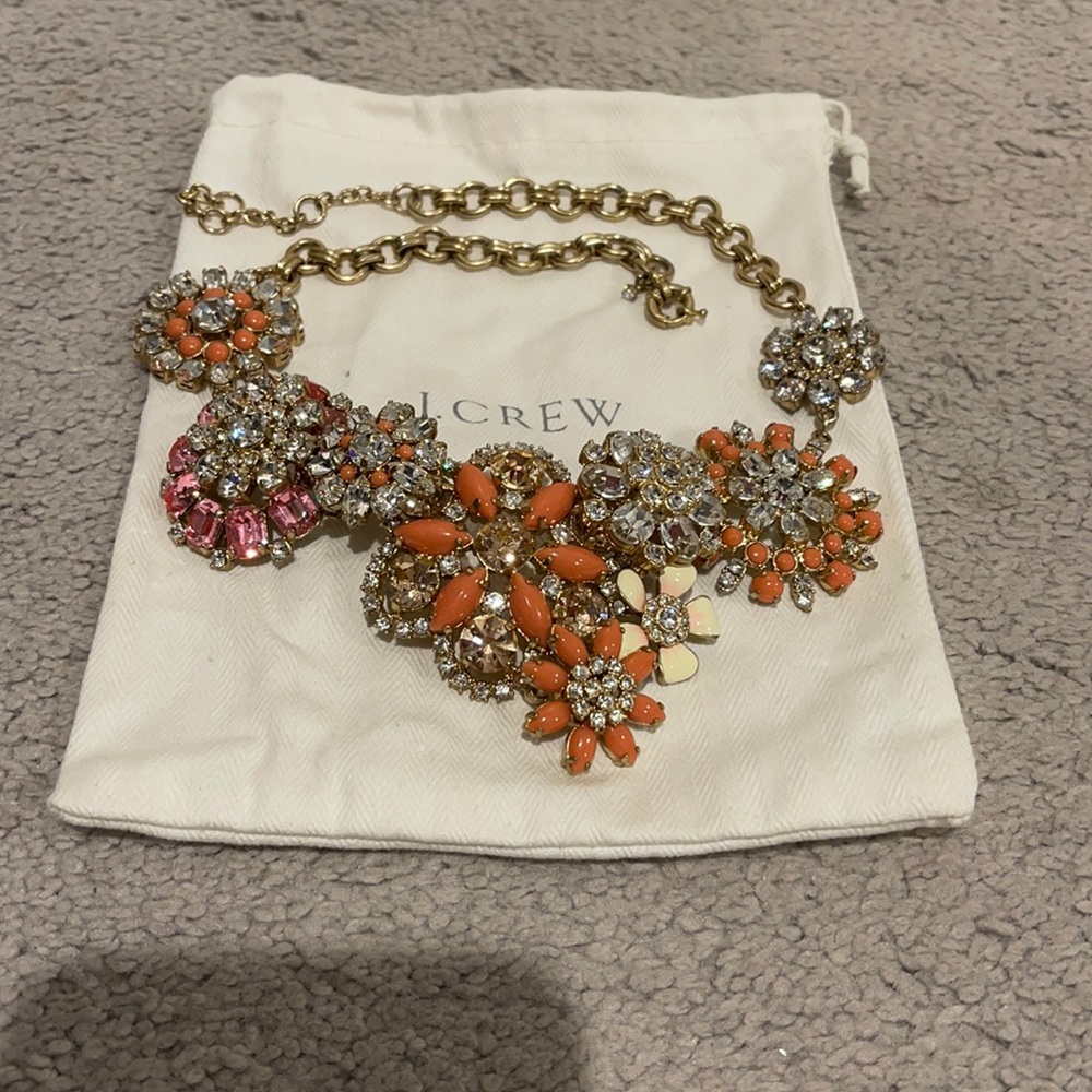JCrew Lattice Statement Necklace Flowers and Rhinestones Gold Pink Peach